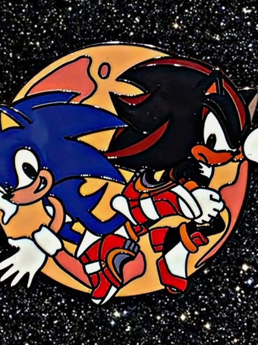 Sonic & Shadow Enamel Pin – Classic Sega Duo with Action Moon Backdrop